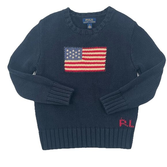 Ralph Lauren Navy Blue Cotton Knit Sweater Flag Sz 5 Kids XS/S - Picture 1 of 4